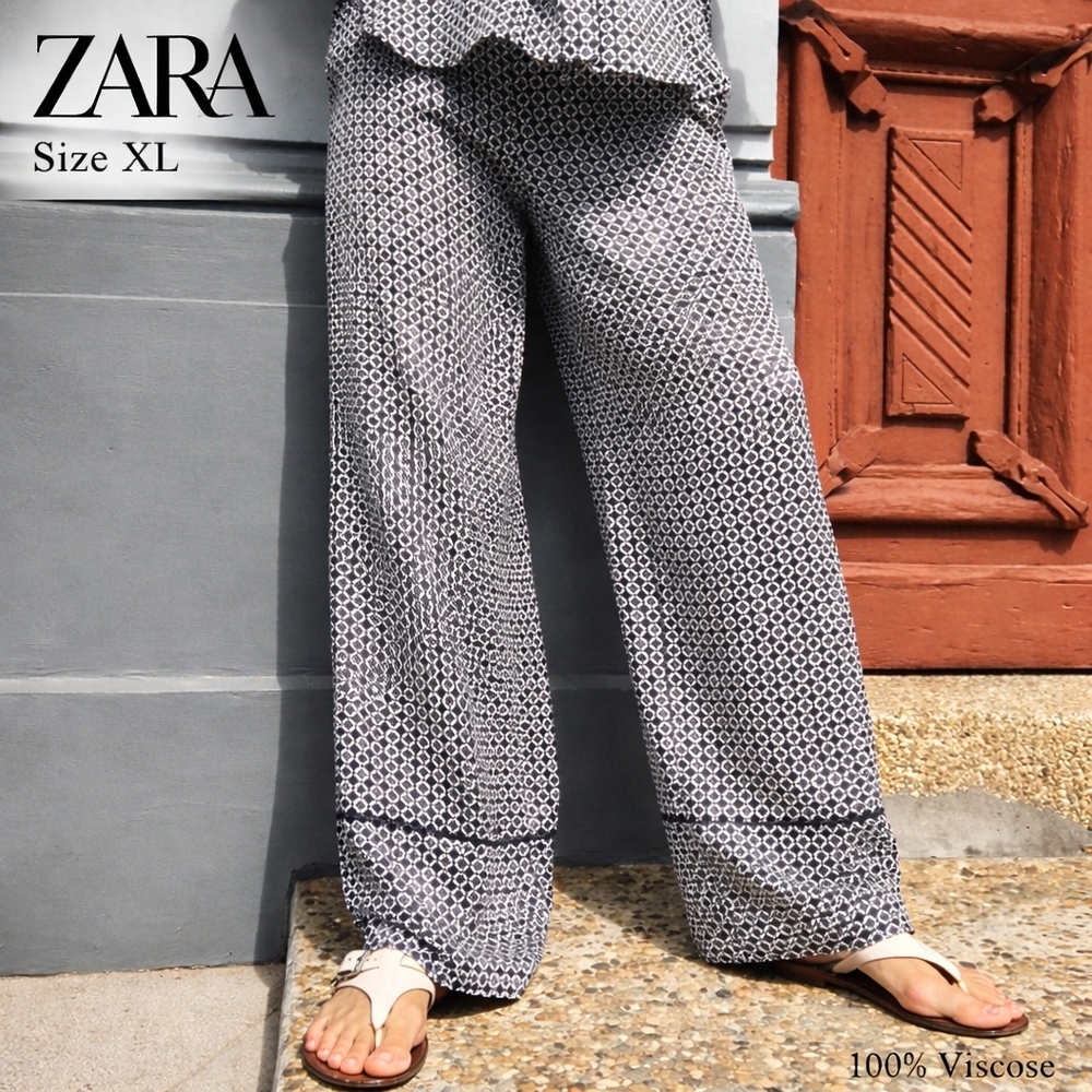 ZARA Women XL Geometric Print Wide Leg Ankle Pants NWT 100% Viscose